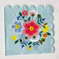 The Blossom Party Kit paper party napkins. The flower/floral pattern includes green, red and blue colours. The napkins have scalloped edges.